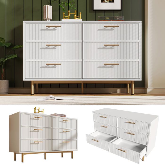 Commode blanche moderne rainurée 6 tiroirs poignées dorées meuble de rangement avec pied réglable 120×40×75 cm