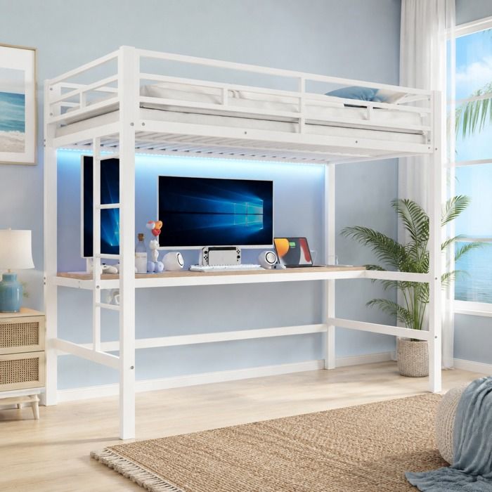 Lit mezzanine Maisentiel métal blanc 90x200 - bureau intégré prises USB et Type‑C bande LED multicolore contrôlable via appli