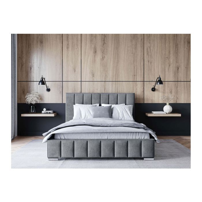 Cadre de lit avec coffre ELIA en velours - Gris clair - Dimensions du couchage : 140 x 200 cm