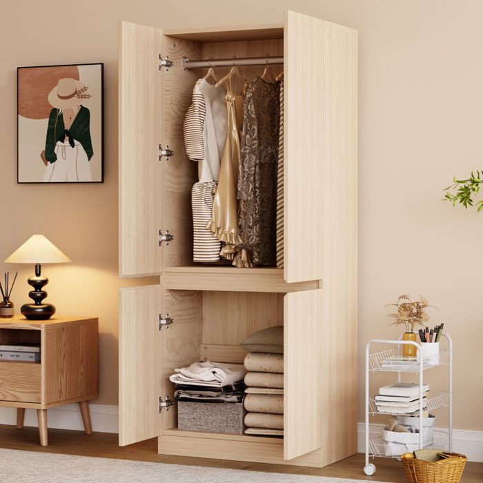 Maisentiel Armoire de chambre 70 x 40 x 170 cm 4 portes battantes penderie et rangement bois naturel