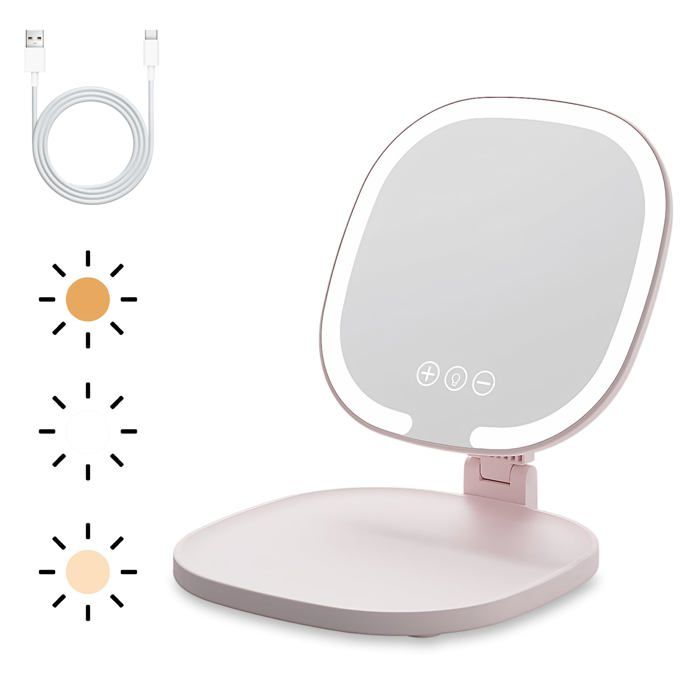 Miroir Maquillage Lumineux avec LED Miroir de Voyage Portable Mirroir Rechargeble Super HD avec Écran Tactile3 Modes (Rose)
