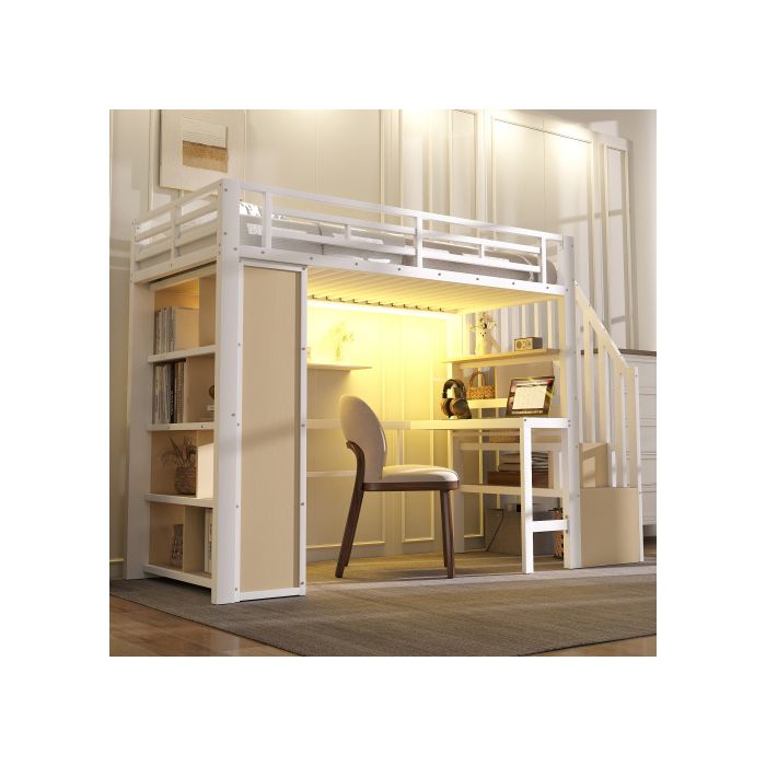 Lit mezzanine avec bureau - MODERNLUXE - 90x200 cm - Structure en fer - Bureau intégré - Compartiments de rangement Lit mezzanine avec bureau - MODERNLUXE - 90x200 cm - Structure en fer - Bureau intégré - Compartiments de rangement