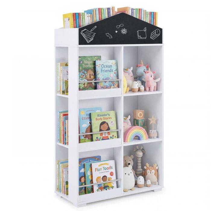 COSTWAY Bibliothèque Enfant 64 x 30 x 116 5 cm en Forme de Maison avec Étagères Tableau Noir Compartiments Anti-basculement