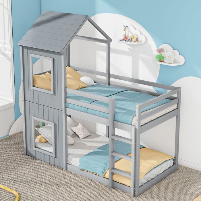 Lit superposé cabane - SOGEU - Lit cabane au sol - 90x200 cm - Pin massif gris - Sommiers inclus