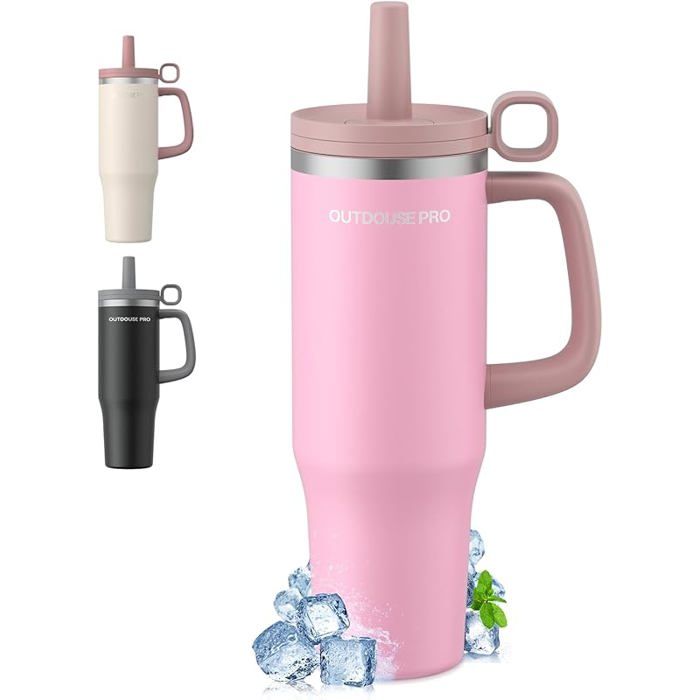 Mug Isotherme avec Paille et Poignée 1200ml Isotherme en Acier Inoxydable avec Couvercle Étanche Mug de Voiture Rose 1200 ML MUG