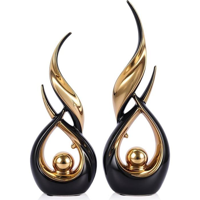 Lot de 2 statues en céramique noire et dorée pour décoration intérieur sculptures art abstraites modernes Noir/Doré
