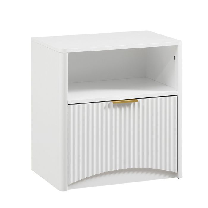 Table de chevet blanche 58 x 38 x 60 cm avec niche ouverte tiroir rainuré et poignée dorée