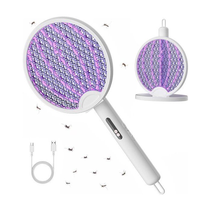 Tapette à mouches électrique - Anti-moustiques 2 en 1 avec lampe UV et station de charge USB-C - Tapette à mouches LED pliable et...