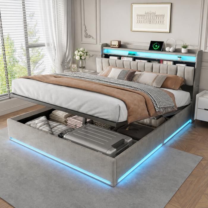 Lit coffre 140x190 cm avec rangement hydraulique lit double en velours gris LED et USB sommier à lattes inclus