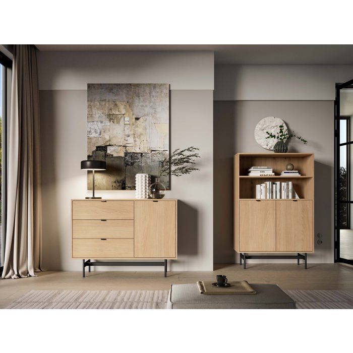 Buffet avec 1 porte et 3 tiroirs - HEGGERS - 115 cm - Chêne mavelie