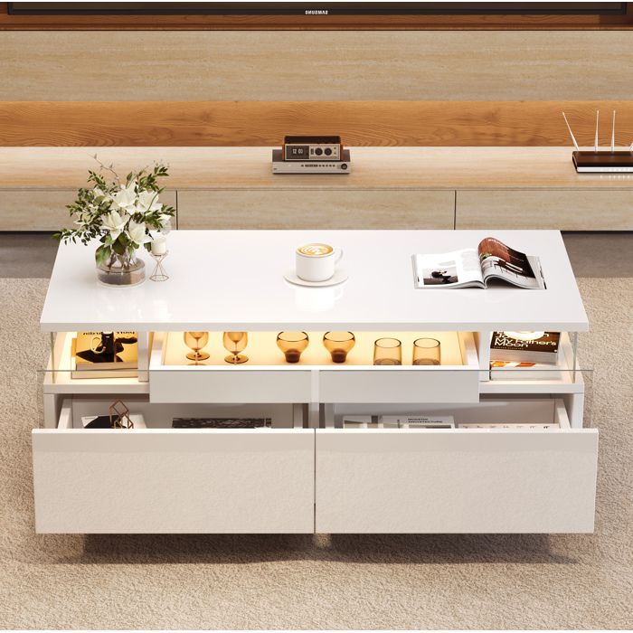 Table basse blanche brillante 90 x 45 x 355 cm avec 2 tiroirs plateau amovible LED et verre trempé