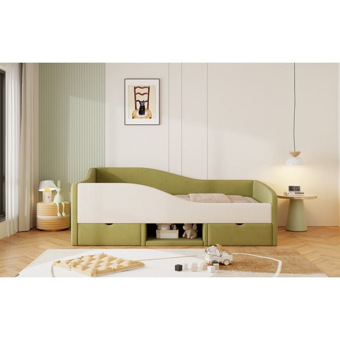 Lit combiné enfant 1 place 90×190 cm avec 2 tiroirs rangement ouvert et barrières sans matelas - UVRION