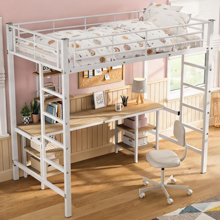 Lit superposé enfant avec bureau et rangement intégrés métal et MDF soft white 90x200 cm
