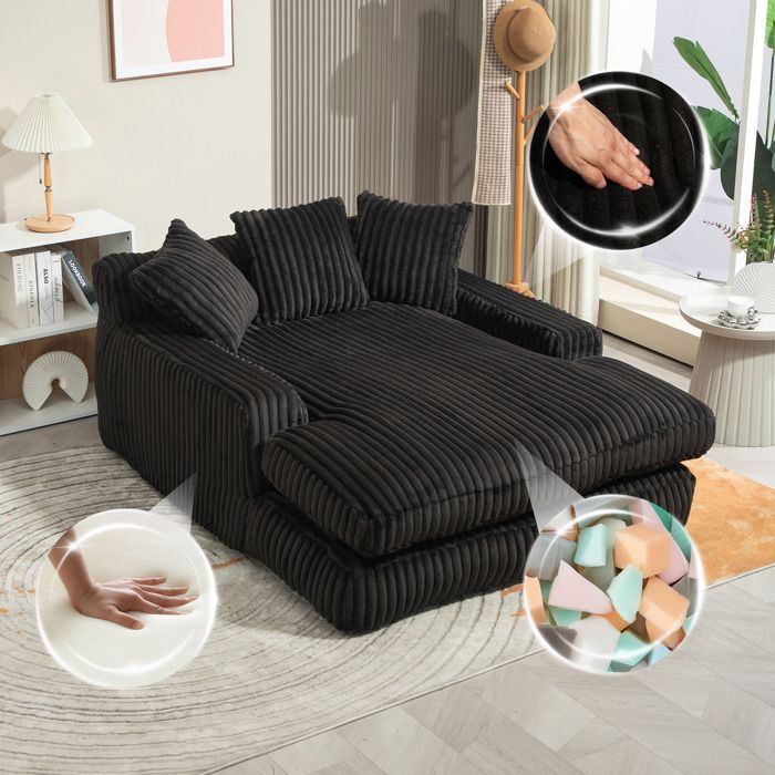 WOVREO canapé lounge 1 place en velours côtelé noir 125 x 155 x 63 cm avec 3 coussins sans montage