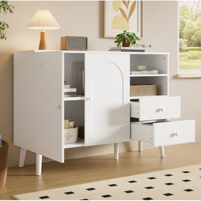 Buffet Bas Blanc 2 Portes 2 Tiroirs Bahut Moderne FloraGrace Pour Salon Salle A Manger Entree Facile A Assembler 118x35x82cm