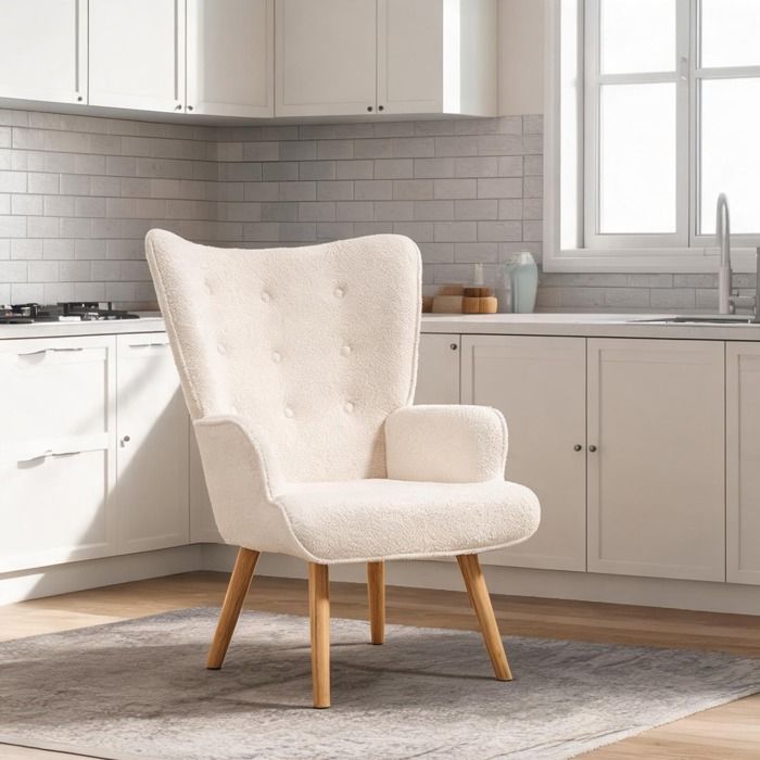 Fauteuil capitonné en tissu bouclette beige pieds bois 71x74x96 cm Assise confortable pour salon ou chambre