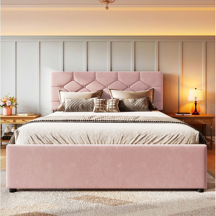 Lit gigogne Double 140×200 cm et 90×190 cm sommier à lattes et tête capitonnée - LPOSPI - sans matelas velours rose