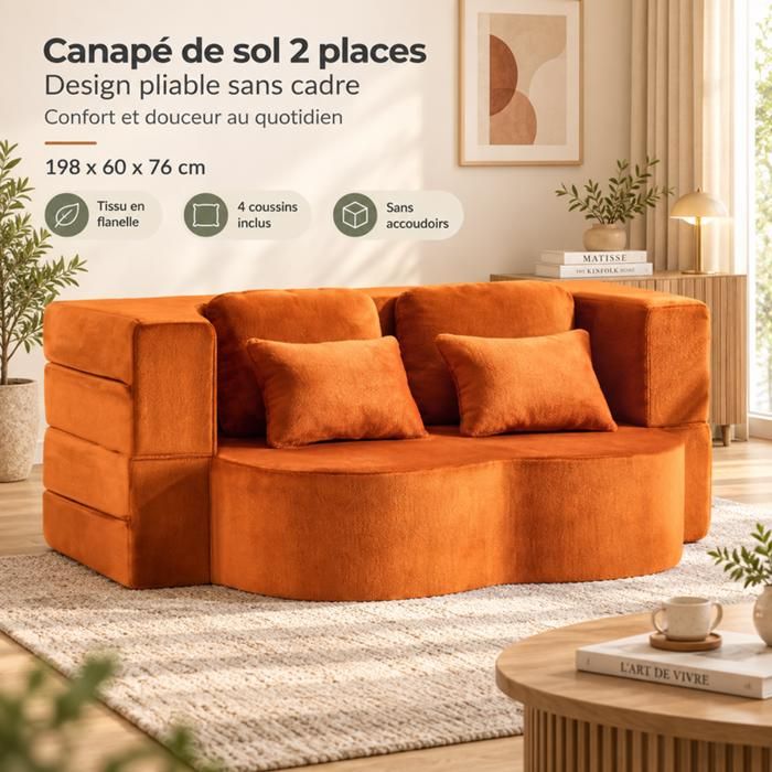 Canapé convertible - SOGEU - 198 x 60 x 76 cm - Orange - Mousse haute densité - 4 coussins rangement