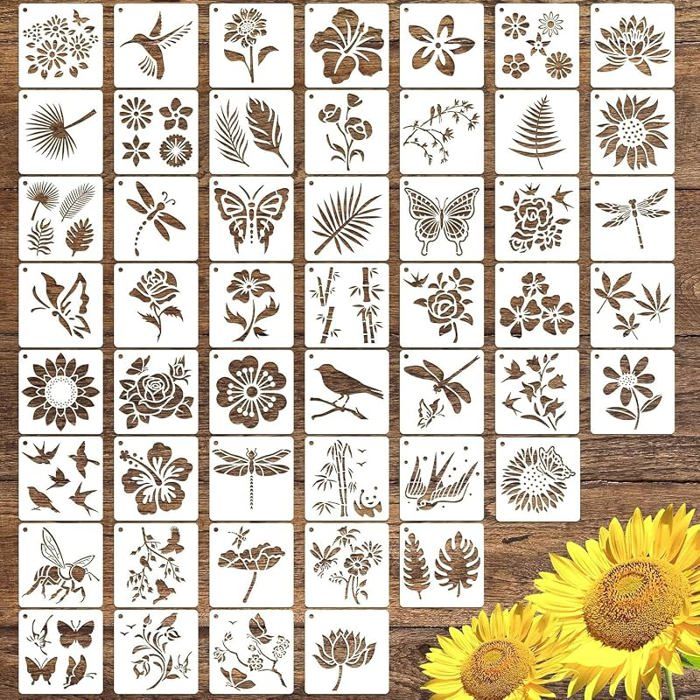 Lot de 50 pochoirs de fleurs de 7 6 cm Motifs floraux en réutilisables en forme de fleur avec Oiseaux et fleurs