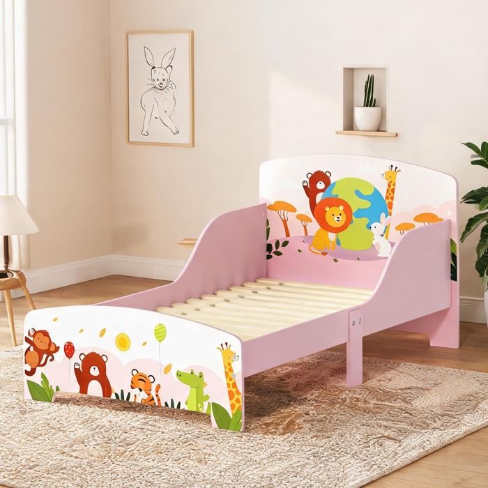 Lit enfant au sol motif animal MDF rose 143x77x60 cm design bas sécurisé