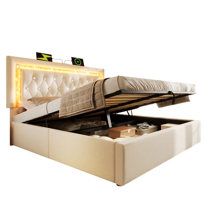 Lit ado double 160x200 matelas velours beige coffre hydraulique tête LED bande diamant USB/Type-C sommier à lattes