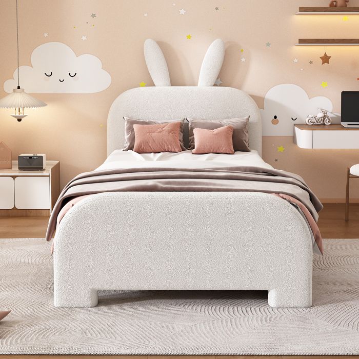 Lit enfant 90x200 lapin cartoon blanc laine douce 2 tiroirs gauche/droite 150 kg