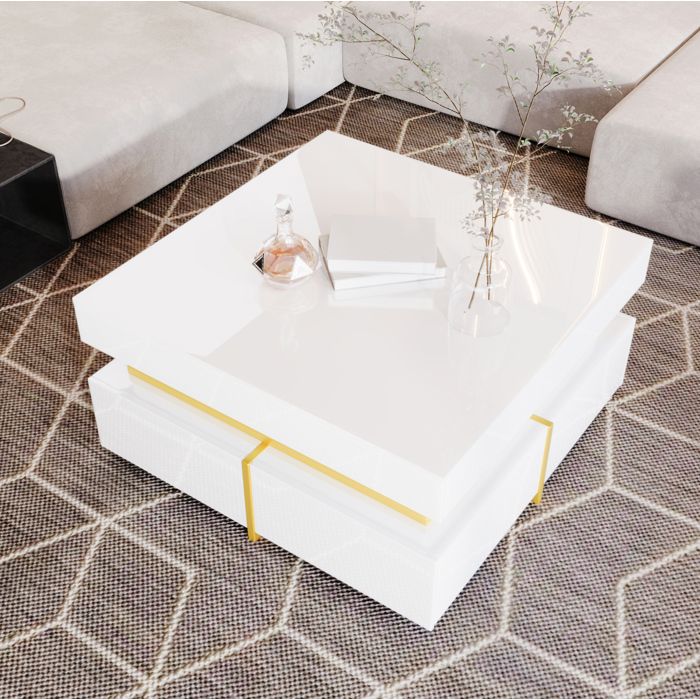Table basse blanche brillante avec 2 tiroirs accents dorés panneaux de particules 70 x 70 x 35 5 cm VEVXYN