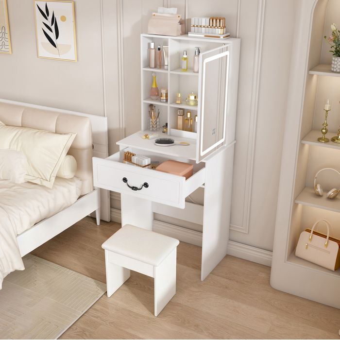 Coiffeuse LED compacte AESVAR avec miroir à luminosité réglable rangement dissimulé blanc MDF