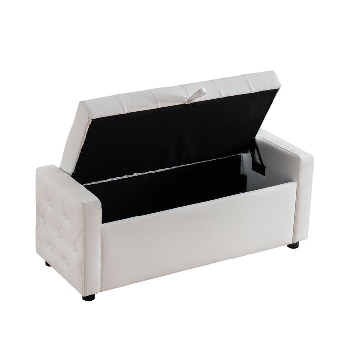 Banc coffre de rangement rectangulaire 122x45x47 cm capitonné en simili PU blanc avec assise rembourrée JOINERY