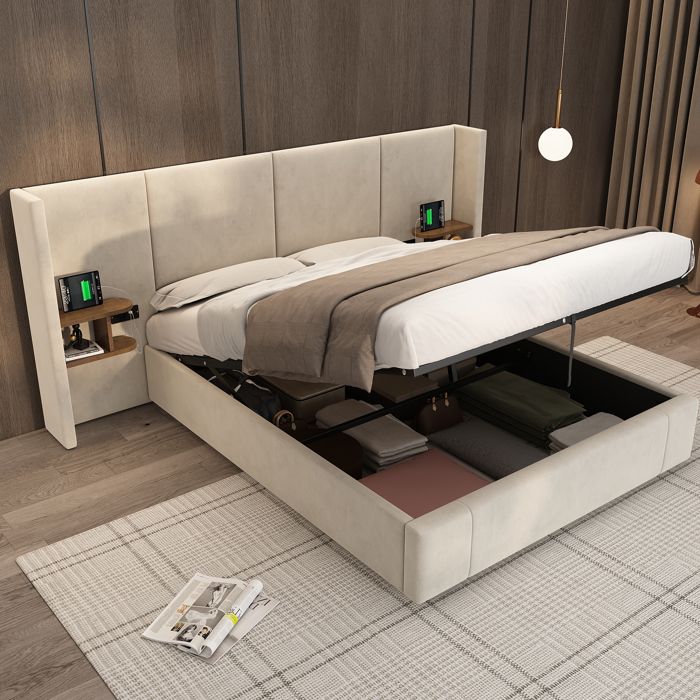 Lit coffre 160x200 rembourré avec rangement hydraulique USB prises 2 tables de chevet sommier à lattes velours beige ORVRYN