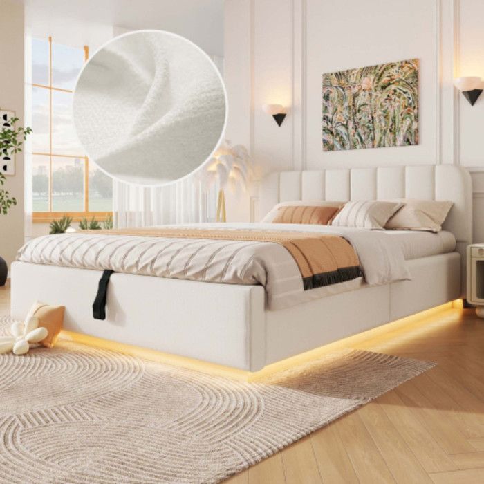 Lit double Norevia 140x200 cm lit capitonné beige avec éclairage LED et coffre de rangement