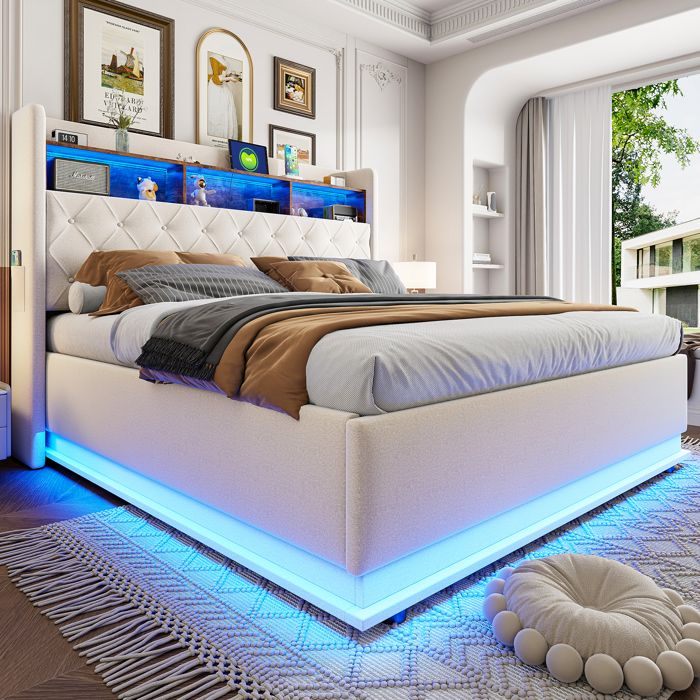 Lit Coffre Hydraulique Rembourré 180x200 cm LED Périphérique Multicolore USB Tête de Lit avec Rangement Cadre Métal Lin Beige