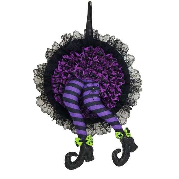 Couronne dHalloween - AIMOONSA - Jambe de sorcière - Noir et violet - Araignées décoratives - 26x3x40 cm