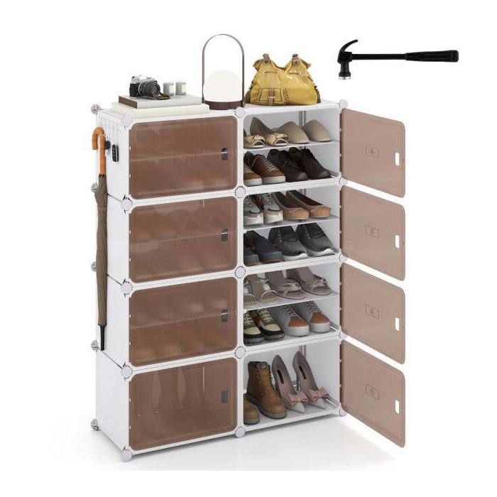 32 paires meuble à chaussures 8 niveaux rangement dentrée avec étagères réglables portes magnétiques et crochets
