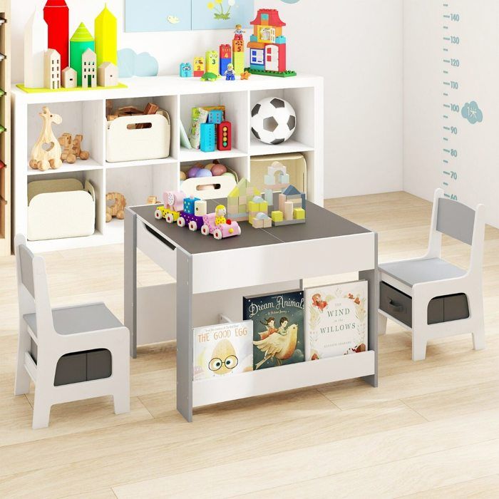 Ensemble table et chaises enfant 4 en 1 plateau réversible tableau noir/blanc rangements chambre ou crèche