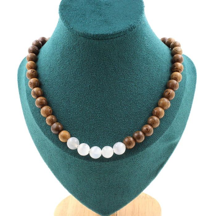 Collier 3 Perles Sélénite Du Maroc - Perles 8 Mm, Chaîne Acier Inox - Neuf Avec étiquettes