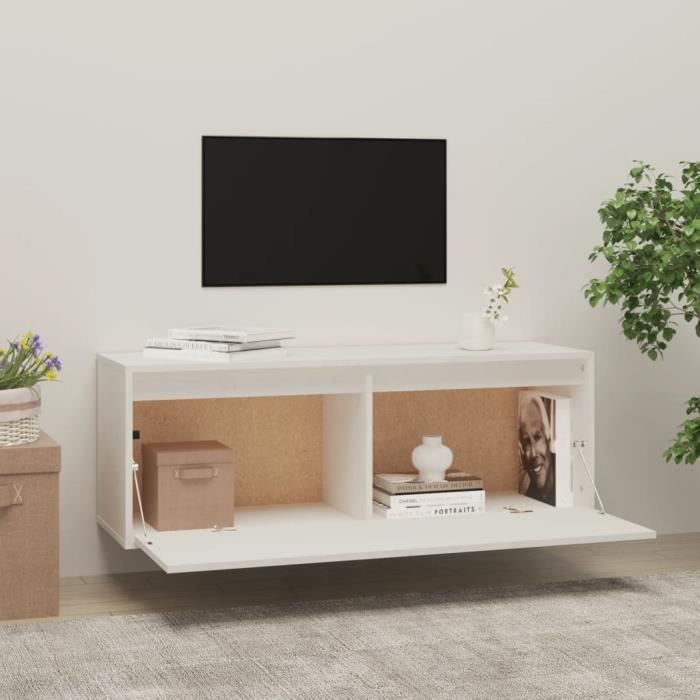 Armoire murale - AKOZON - 100x30x35 cm - Bois de pin massif - Blanc - Meuble de séjour