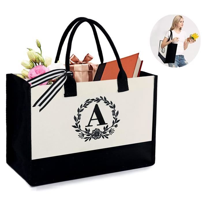 Sac Fourre Tout en Toile avec Initiales pour Femme Sac de Plage