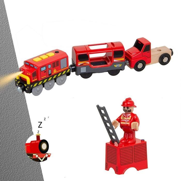 Atoylink – Train électrique En Bois 9 Pièces Avec Locomotive à Piles, Grue, Camion Pompiers, Taxi – Dès 3 Ans
