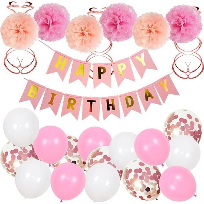 Joyeux Anniversaire Banniere Decorations Pour Hommes Femmes Ballons Roses Blancs Pompons 966 Cdiscount Maison