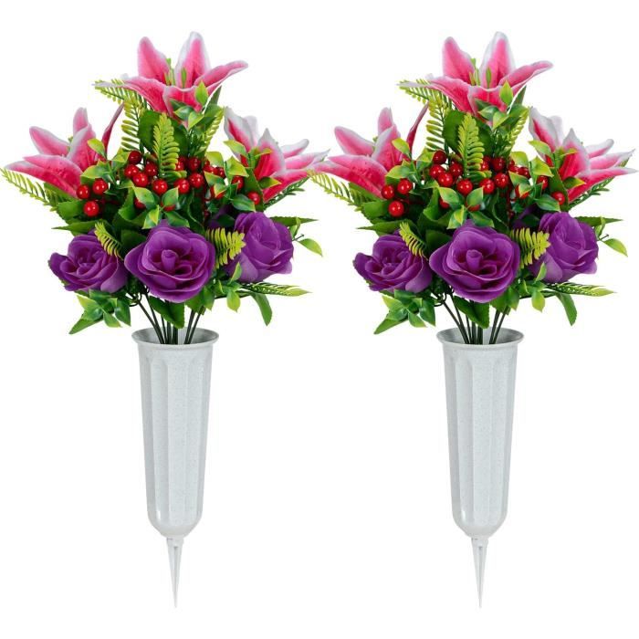 Lot De 2 Bouquets De Roses Artificielles Pour Cimetière - Avec Vase, Blanc, Hauteur 42 Cm, Soie, Résistant Aux Intempéries