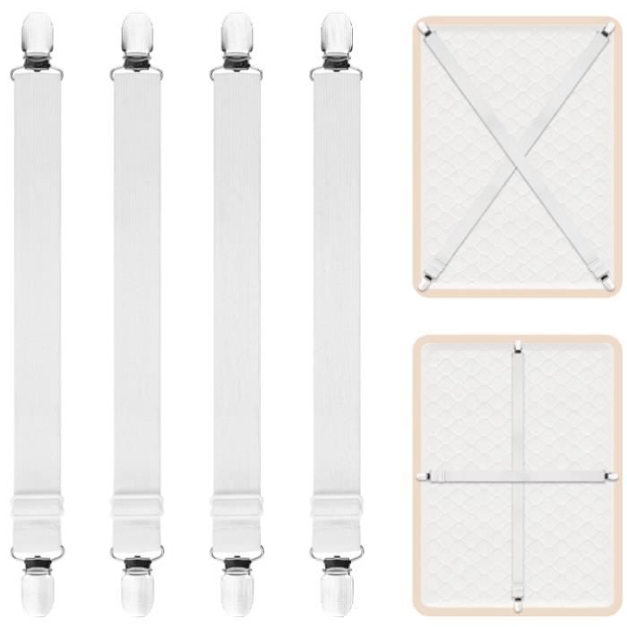 Sangles pour Draps de Lit 4Pièces Attache Drap Housse Attache Matelas élastique Tendeur de Draps Réglable Bretelles Sangle Blanc