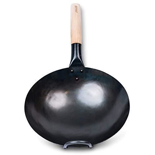 taille : 38cm Wok en fonte avec fond rond casserole de wok préassaisonnée avec deux poignées pour sauté et sautés asiatiques marmite à cuire pour la cuisson 