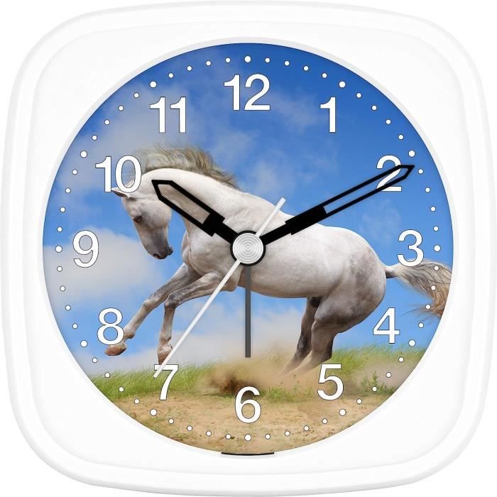 Réveil quartz pour enfant, bleu, motif chevaux blancs
