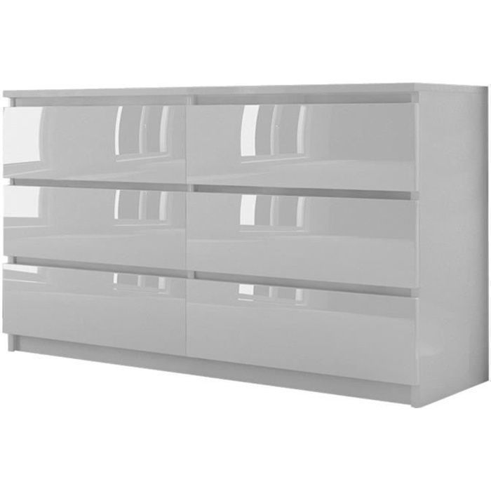 Commode blanche avec devants brillants - MALWA - 6 tiroirs - Rangement pour chambre à coucher, salon