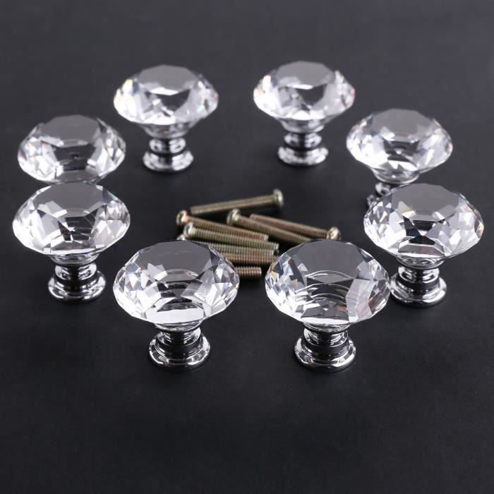 8pcs Poignée Bouton 40mm verre cristal incolore pour meuble armoire placard commode