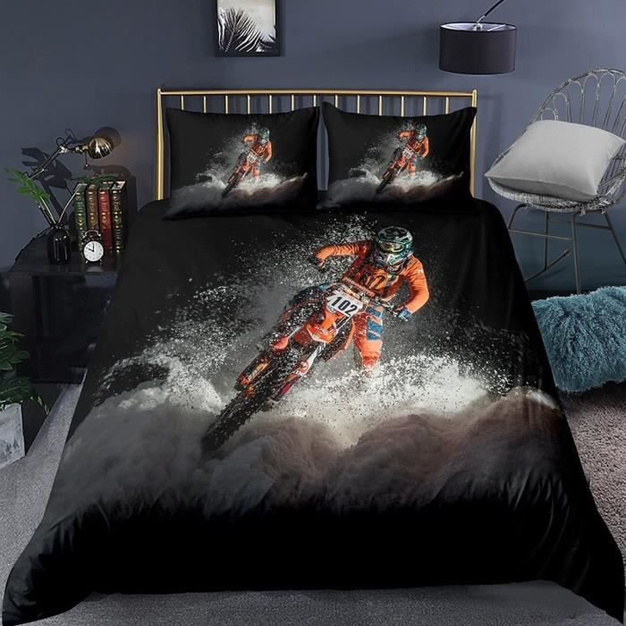 Housse De Couette 220x240 Cm Motif Vélo - Microfibre Réversible, Avec 2 Taies D'Oreiller, Style Sport Déco