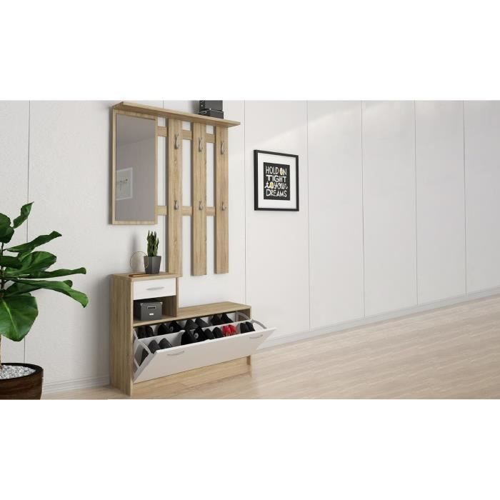 Meuble dentrée avec étagère à chaussures et miroir - cm 100 x 25 h180 - Style et design contemporain blanc et marron Meuble dentrée avec étagère à chaussures et miroir - cm 100 x 25 h180 - Style et design contemporain blanc et marron