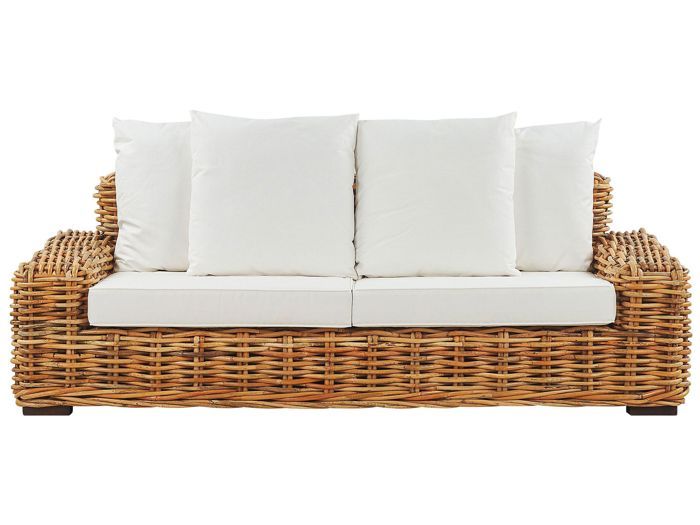Canapé de jardin 3 places en rotin naturel avec coussins blanc cassé