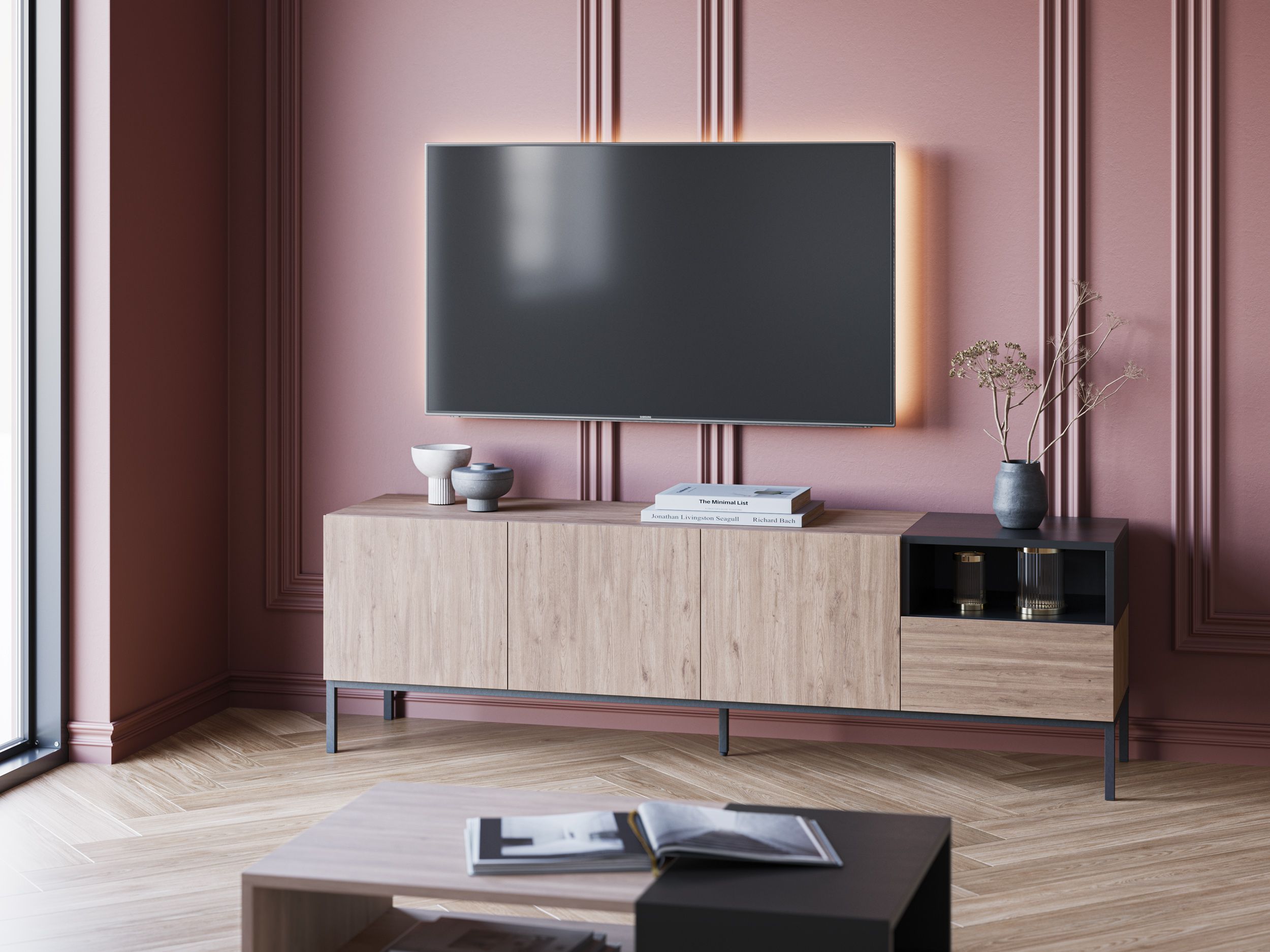 Meuble TV CAILIN – Chêne Artisan & Noir – 3 portes 1 niche et 1 tablette fixe – 180 x 40 x 55 cm